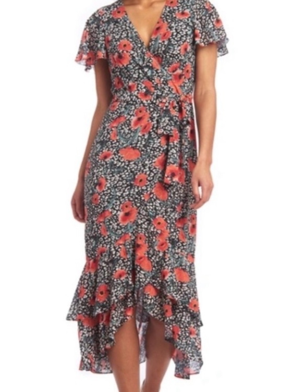 Rachel Rachel Roy Floral Wrap Maxi  Dress in Black and Coral poppy floral ruffle